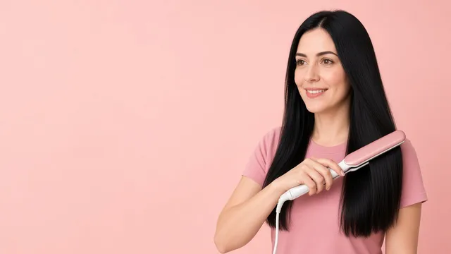 Mulher de cabelo preto e liso passando a chapinha em uma mecha.