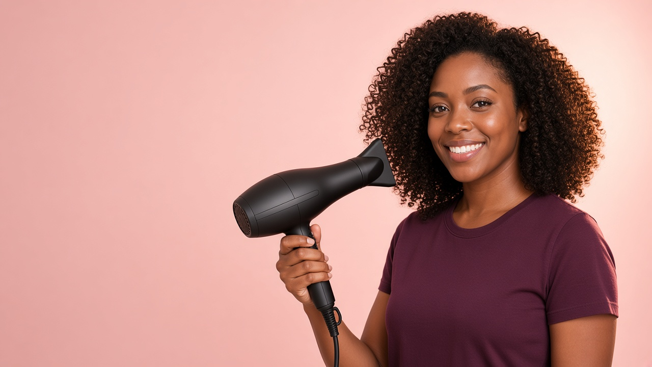 Mulher negra de cabelo cacheado segurando um secador preto profissional.
