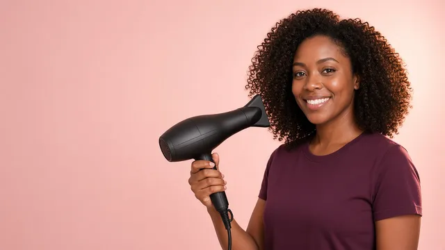 Mulher negra de cabelo cacheado segurando um secador preto profissional.
